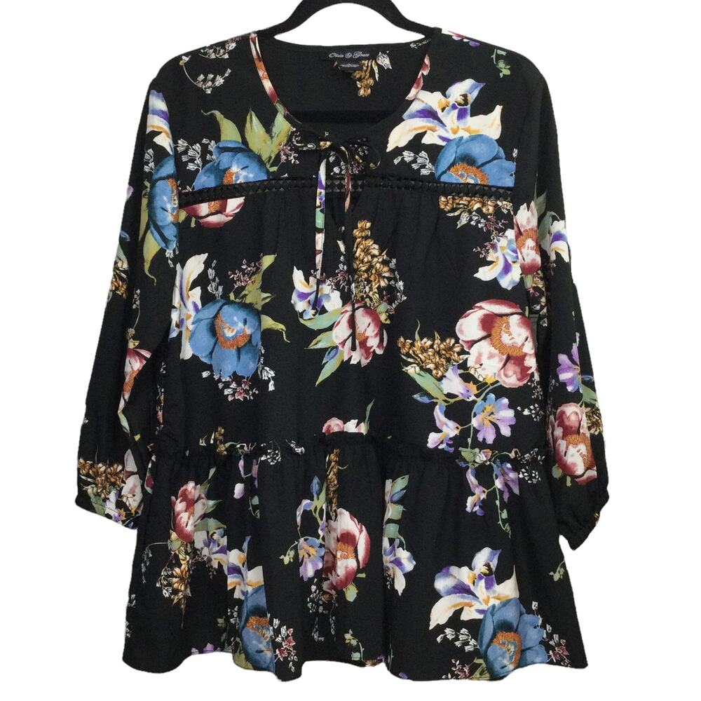 Olivia & Grace Women's Boho Feminine Floral Flowy Ruffled 3/4 Sleeve Top Large